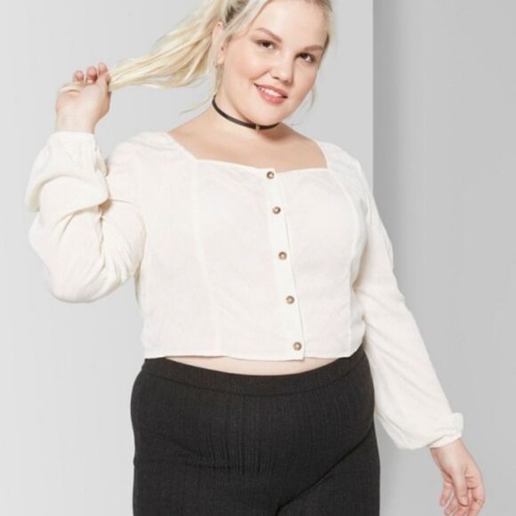 Wild Fable Ivory Chevron Cropped Long Sleeve Shirt Top - Picture 1 of 6